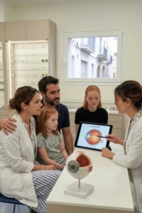 Familia realizando una revisión visual donde se explica que el astigmatismo hereditario puede variar entre padres e hijos.