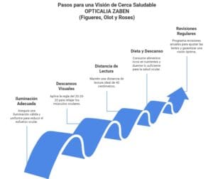 Gráfico explicando paso a paso cuáles son las medidas necesarias para tener una vista de cerca saludable