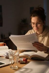 Mujer joven leyendo alegremente gracias a que puede ver bien con sus gafas para corrección de miopía leve