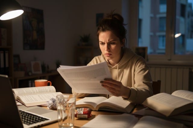 Joven estudiante universitaria con dificultades para leer por culpa de su miopía leve no diagnosticada