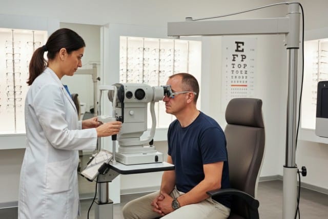 Óptico-optometrista realizando un examen de la vista completo a un paciente en Opticalia Zaben Olot