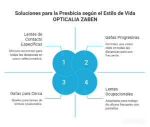 Gráfico explicando cuáles son las mejores soluciones para la presbicia según el estilo de vida de quien la padece