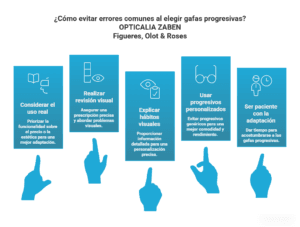 Gráfico explicando detalladamente cuáles son los errores más comunes que comenten las personas al momento de elegir sus gafas progresivas