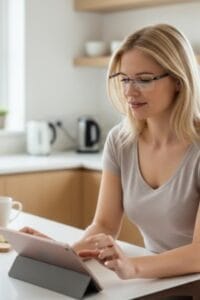 Mujer realizando sus tareas diarias después de una revisión de la vista en consulta para graduar gafas progresivas