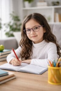 Niña de 8 años haciendo sus tareas escolares en casa mientras utiliza sus gafas para miopía