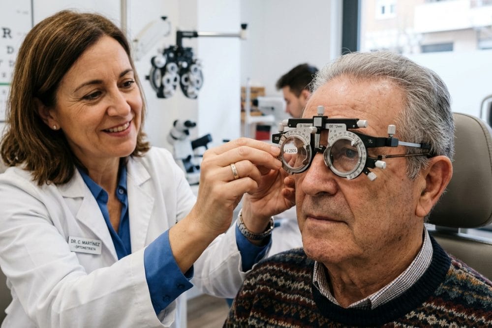 Optometrista ajustando lentes durante prueba de visión en óptica de Figueres
