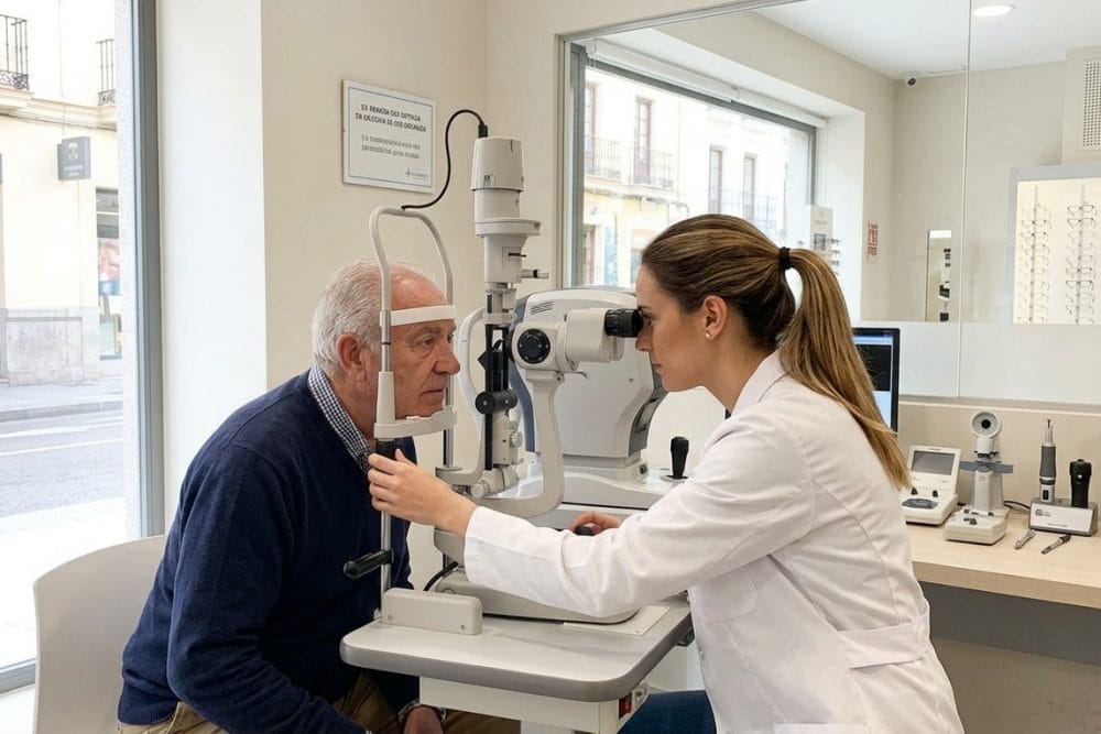 Optometrista realizando revisión visual completa a paciente en Figueres