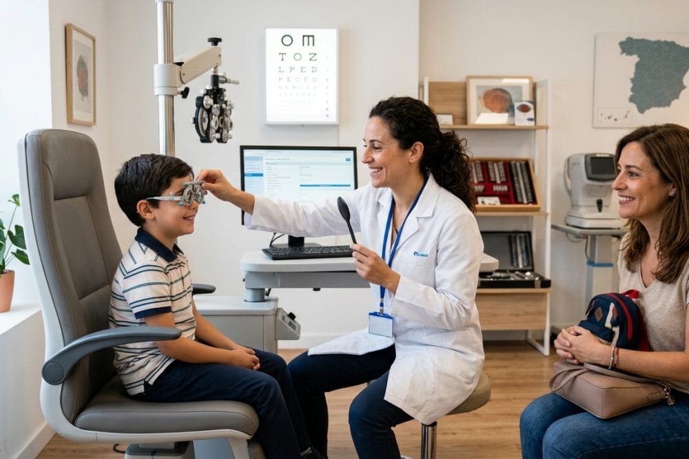 Optometrista realizando revisión visual infantil a niño en Figueres