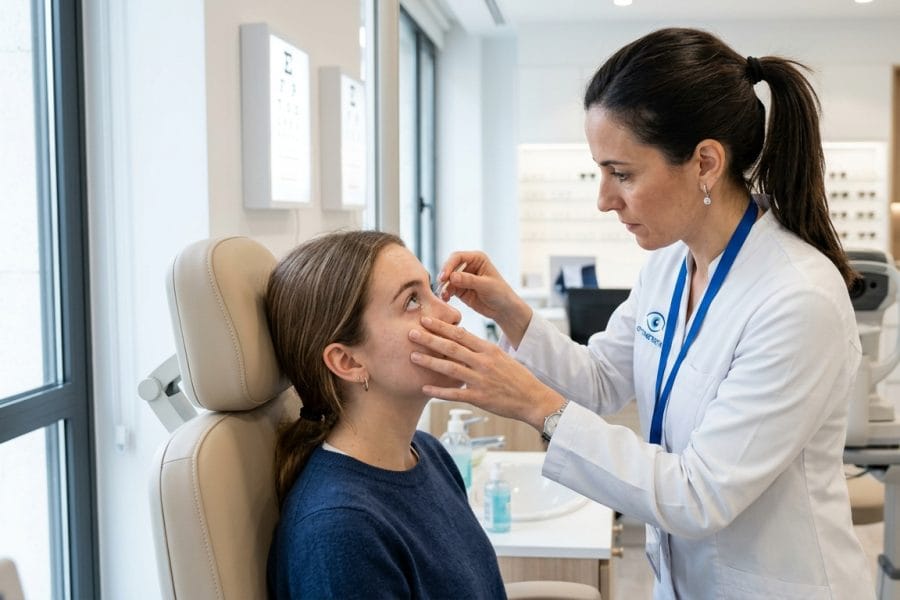 Optometrista adaptando lentes de contacto a paciente en óptica de Figueres