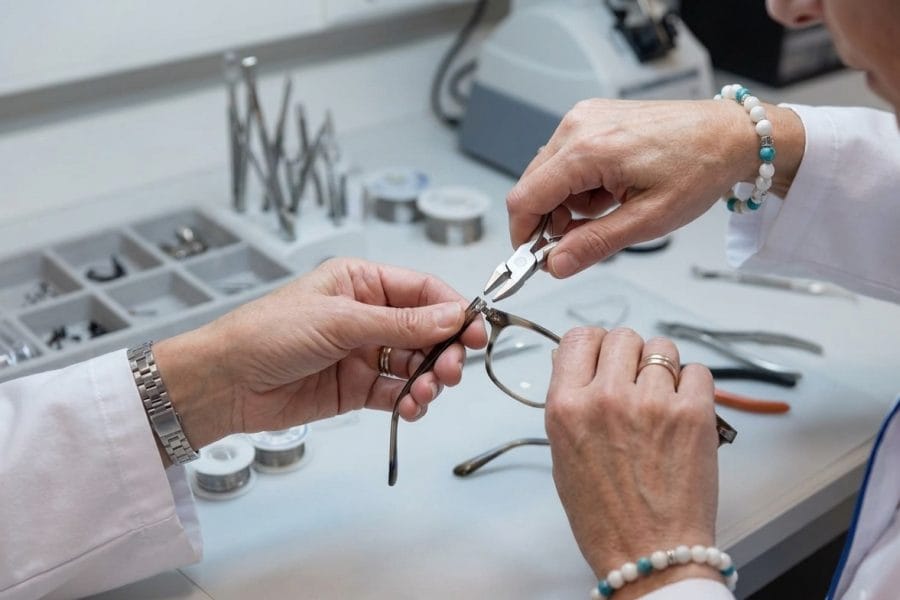 Óptico reparando gafas y ajustando montura en taller de Figueres
