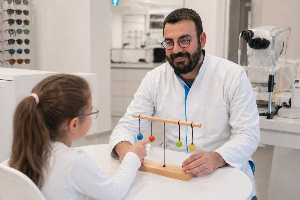 Niño realizando ejercicios de terapia visual infantil con especialista en Figueres
