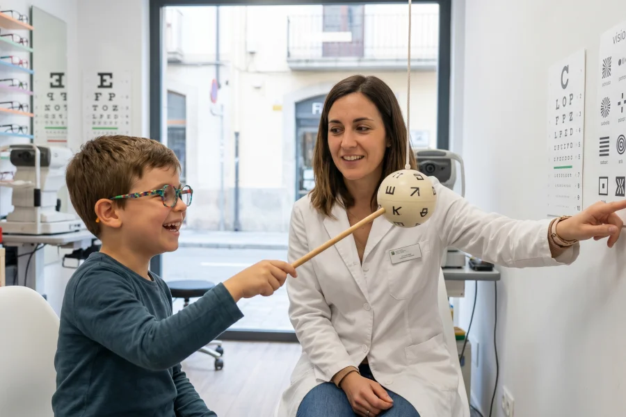 Optometrista realitzant una sessió d'avaluació de teràpia visual infantil a Olot