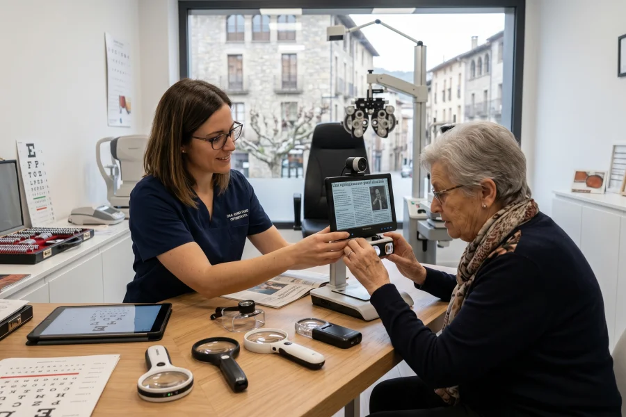 Optometrista realitzant una consulta de baixa visió a pacient a Opticalia Olot