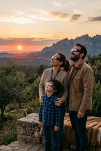 Familia observando un eclipse solar con gafas de protección y supervisión de un adulto
