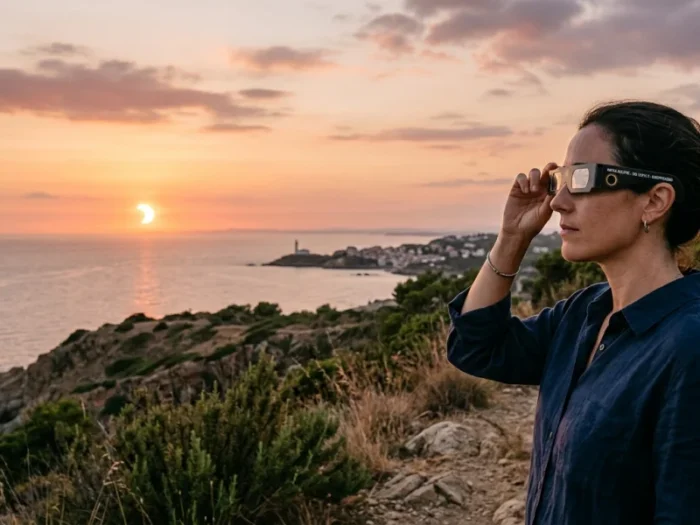 Persona observando un eclipse solar parcial con gafas de protección solar homologadas