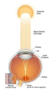 Ilustración del ojo mostrando cómo la luz solar puede llegar directamente a la retina