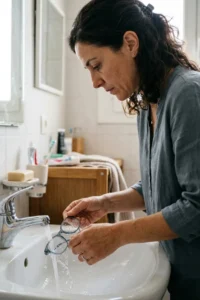 Mujer aclarando sus gafas graduadas bajo un chorro suave de agua tibia en el lavabo de casa.