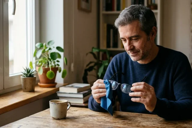 Hombre limpiando sus gafas graduadas con un paño de microfibra en casa.